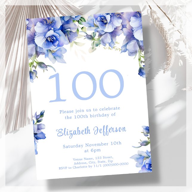 Convite de aniversário do Elegant Blue Floral 100t (Criador carregado)