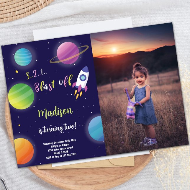 Convite de Aniversário do Espaço Exterior com Foto (Purple Rocket Outer Space Birthday Invitations pho)