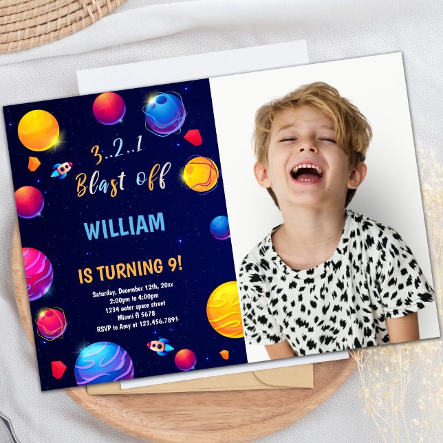 Convite de Aniversário do Espaço Exterior com Foto (Orange Planet Outer Space Birthday Invitations pho)