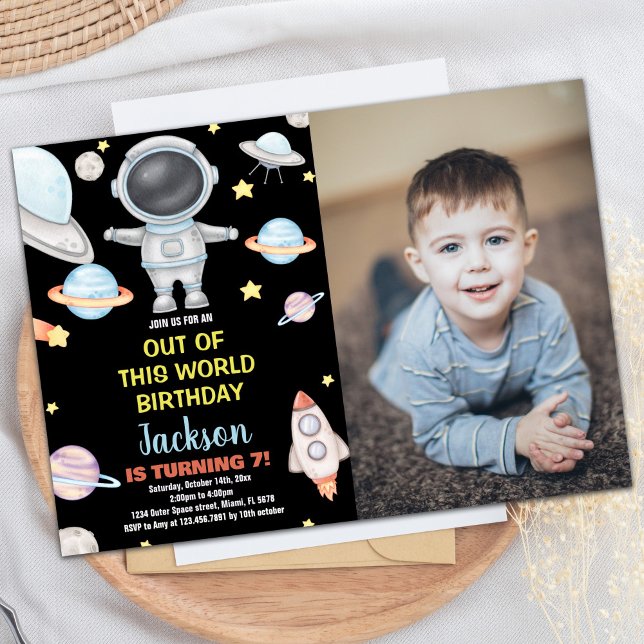 Convite de Aniversário do Espaço Exterior em Preto (Yellow Black Photo Outer Space Birthday Invitation)