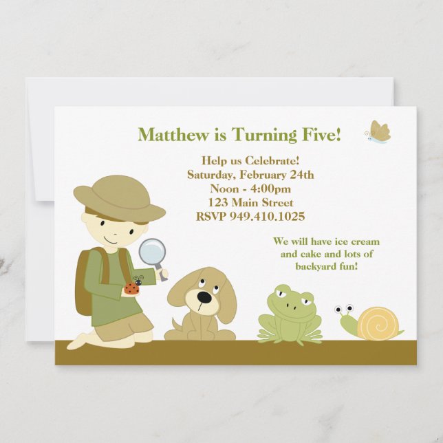 Convite de aniversário do explorador do quintal (Frente)