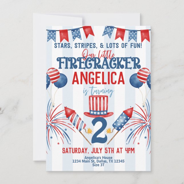 convite de aniversário do Fireworks em 4 de julho (Frente)