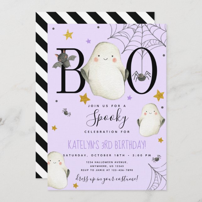 Convite de Aniversário do Halloween Roxo (Frente/Verso)