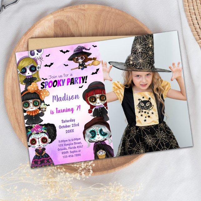 Convite de Aniversário do Halloween Roxo com Foto (Purple Halloween Birthday Invitations with Photo)