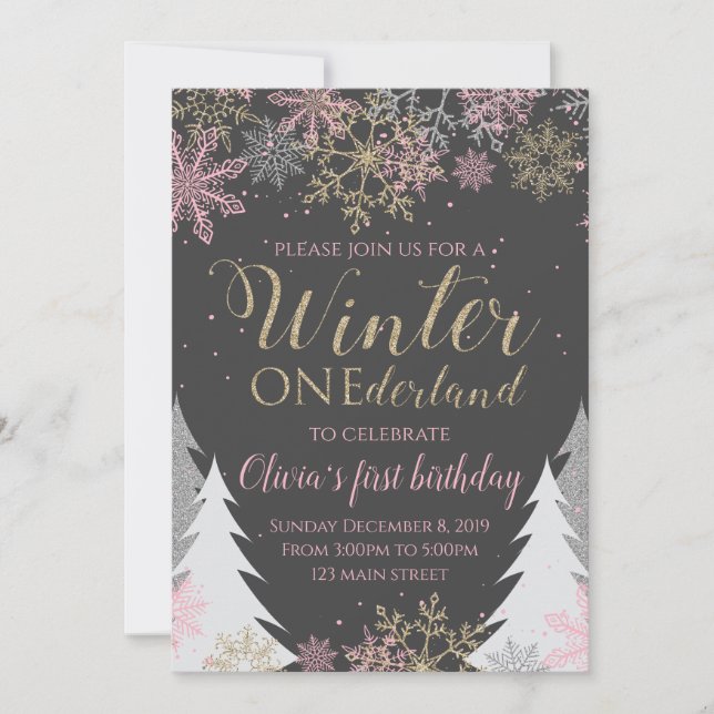 Convite de Aniversário do Inverno ONEderland Rosa (Frente)
