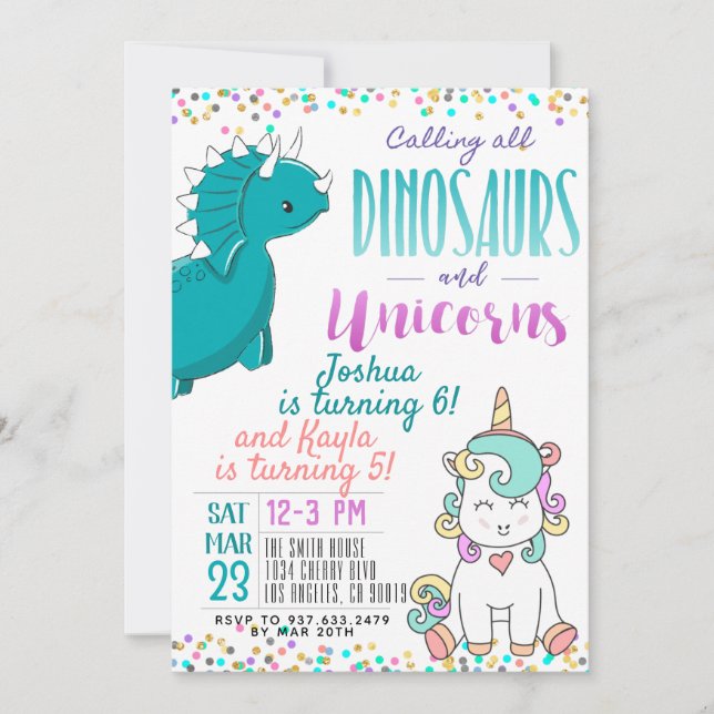 Convite de Aniversário do Joint Unicorn Dinosaur (Frente)