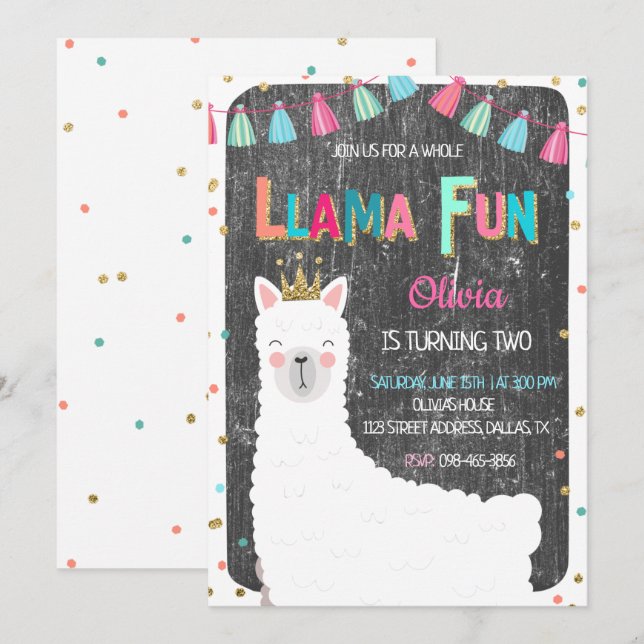 Convite de Aniversário do Llama Chalkboard (Frente/Verso)