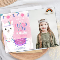 Convite de Aniversário do Llama Rosa e Roxo com Fo