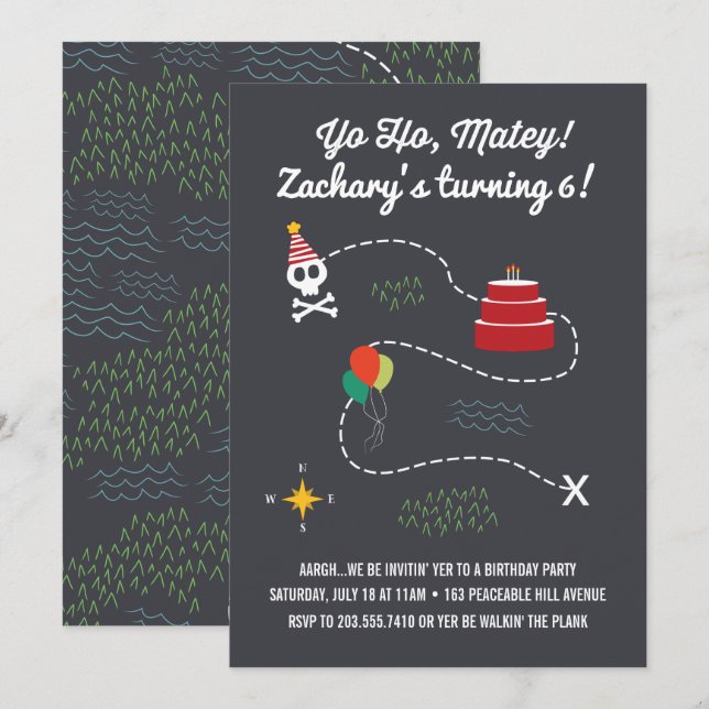 Convite de Aniversário do Mapa do Tesouro, Cartão  (Frente/Verso)