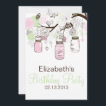 Convite de Aniversário do Mason Verde Rosa e Mint<br><div class="desc">Blush Pink e Mint Green Mason Jars Aniversário Convite Feminina e ilustrações bonitas de jarras castanhas,  pinks e hortas verdes de menta,  flores,  corações cardíacas e pombinhos. Este convite galopante é perfeito para chás de fraldas de primavera e de Verão,  especialmente para as festas "Doce Dezesseis".</div>