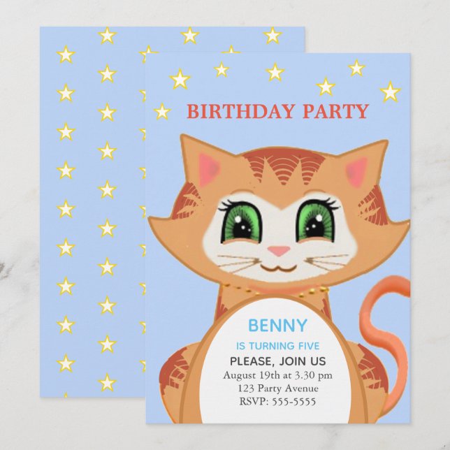 Convite de Aniversário do Menino Gato Laranja 5 An (Frente/Verso)