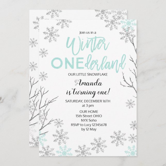 Convite de Aniversário do Mint Winter ONEderland S (Frente/Verso)