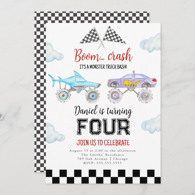 Convite de Aniversário do Monster Truck (Frente/Verso)