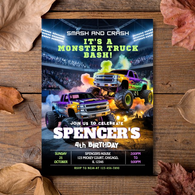 Convite de Aniversário do Monstro do Smash & Crash (Smash & Crash Monster Truck Birthday Invitation
)