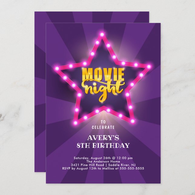 Convite de Aniversário do Movie Star (Frente/Verso)