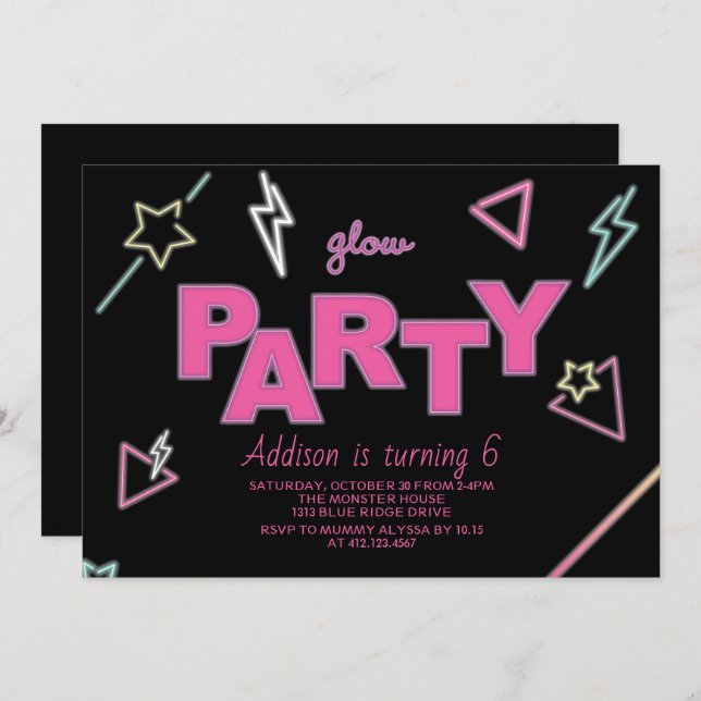 Convite de Aniversário do Neon Glow Party (Frente/Verso)