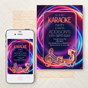 Convite de Aniversário do Neon Karaoke Rosa