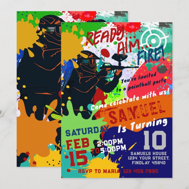 Convite de aniversário do Paintball, Convite de Pa (Frente/Verso)