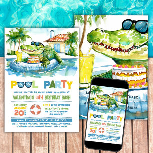 Convite de Aniversário do Partido da Piscina Croco