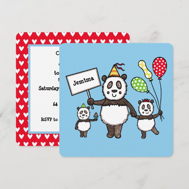 Convite de Aniversário do Partido Panda Personaliz (Frente/Verso)