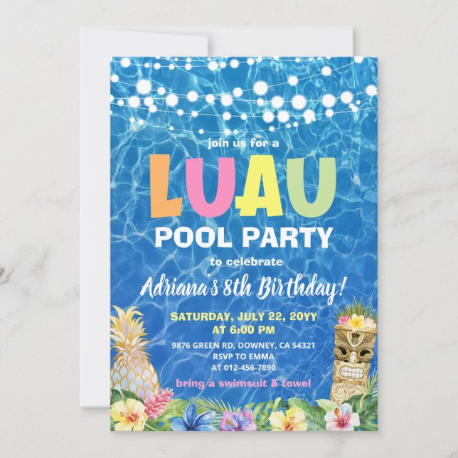 Convite de Aniversário do Partido Piscina de Luau  (Frente)