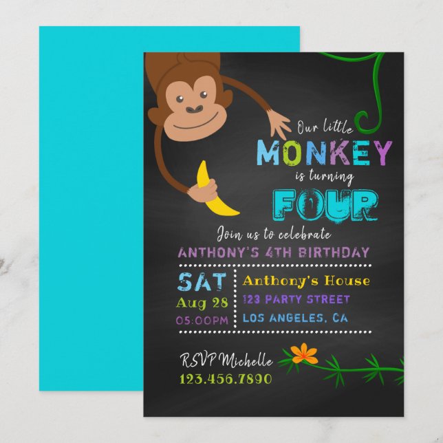 Convite de Aniversário do Pequeno Menino Macaco pa (Frente/Verso)