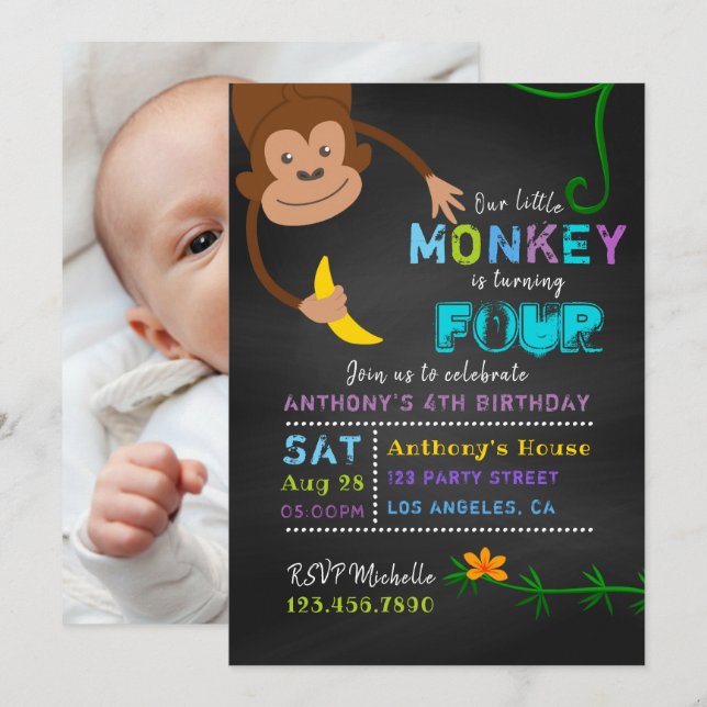 Convite de Aniversário do Pequeno Menino Macaco pa (Frente/Verso)