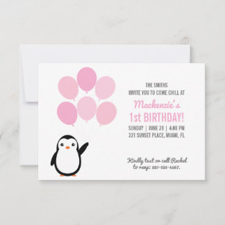 Convite de Aniversário do Pinguim Balão Rosa para