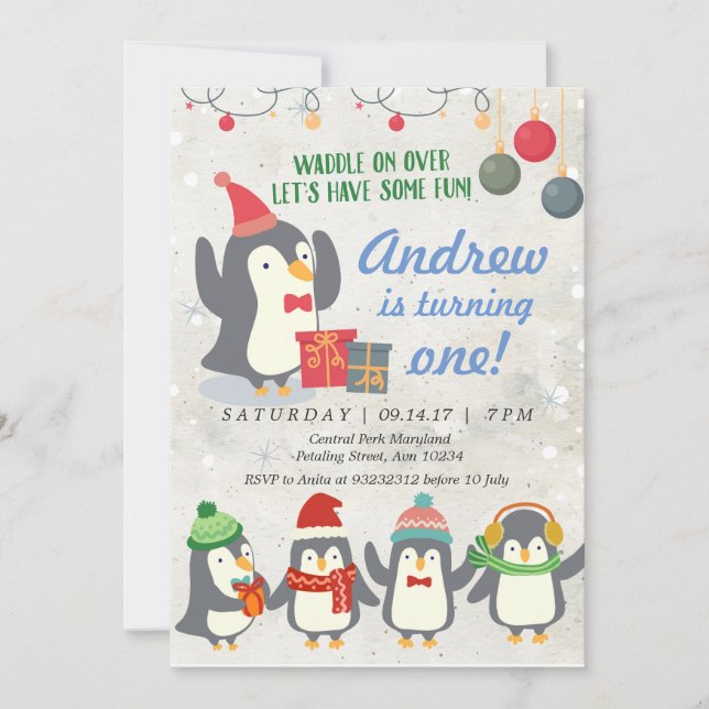 Convite de Aniversário do Pinguim-Inverno (Frente)