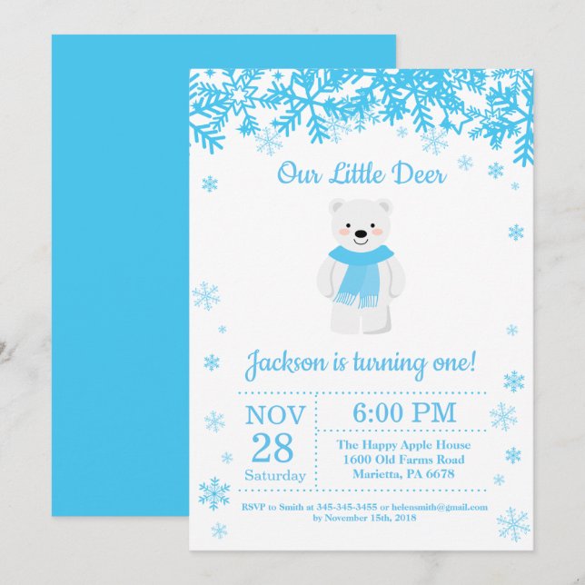 Convite de Aniversário do Polar Bear Winter Boy (Frente/Verso)