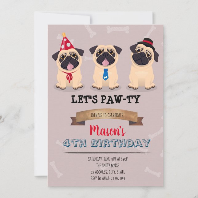 Convite de aniversário do Pug (Frente)
