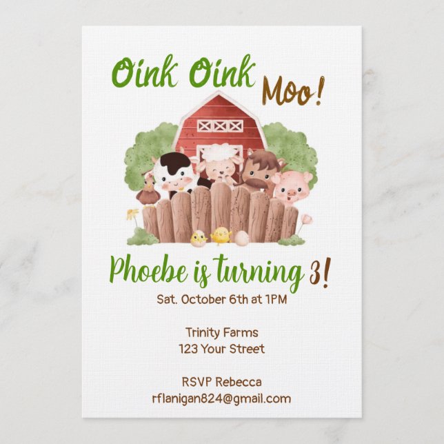 Convite de Aniversário do Quintal de Animais da Fa (Frente)