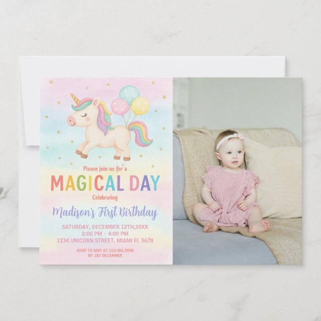 Convite de Aniversário do Rainbow Glitter Unicorn (Frente)