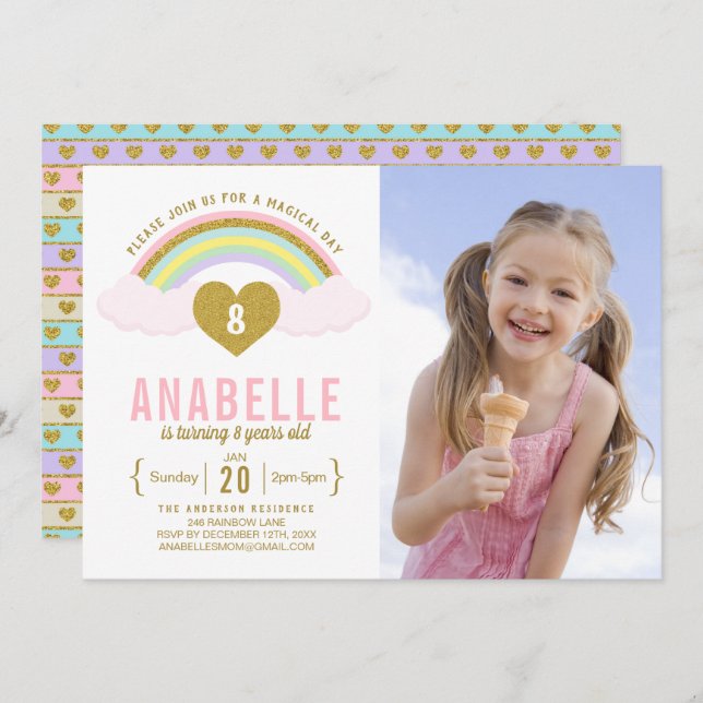 Convite de Aniversário do Rainbow Glitter Unicorn  (Frente/Verso)