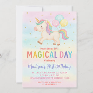 Convite de Aniversário do Rainbow Glitter Unicorn