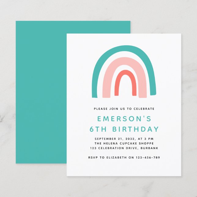 Convite de aniversário do Rainbow Kid do Orçamento (Frente/Verso)