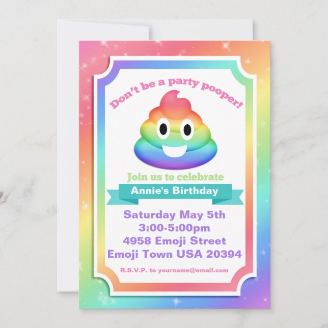 Convite de Aniversário do Rainbow Poop Emoji (Frente)