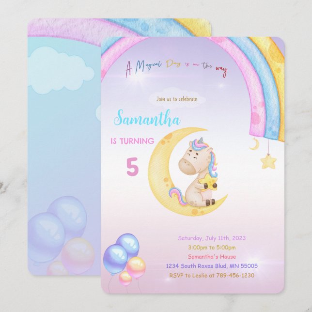 Convite de Aniversário do Rainbow Unicorn (Frente/Verso)