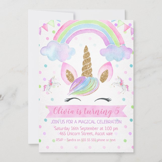 Convite de Aniversário do Rainbow Unicorn (Frente)