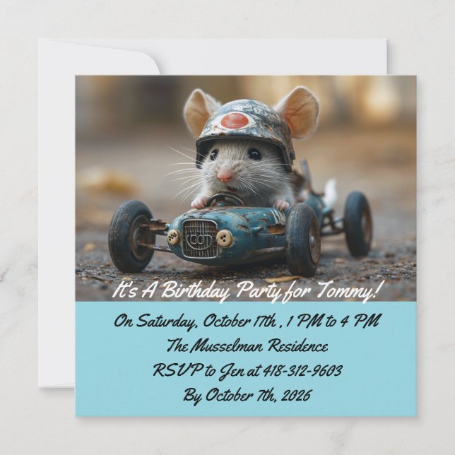 Convite de Aniversário do Rato de Carro de Corrida (Frente)