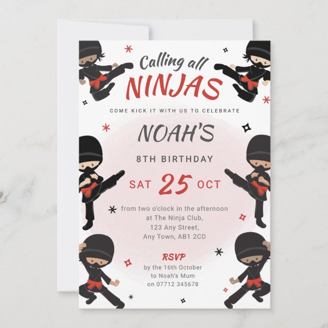 Convite de aniversário do Red Ninja - Venha dar um (Frente)