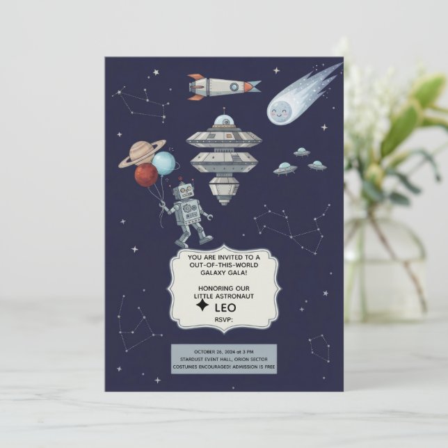 Convite de Aniversário do Robô Espacial Fofo (Em pé/Frente)