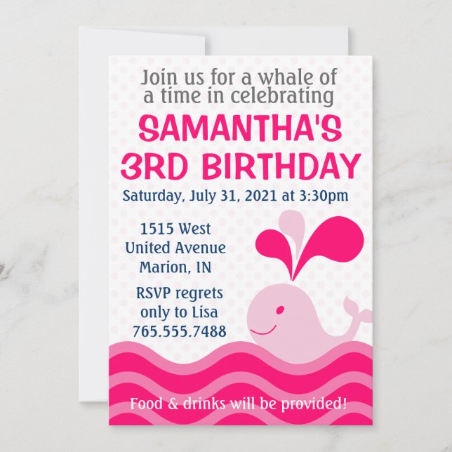 Convite de aniversário do rosa da baleia da menina (Frente)