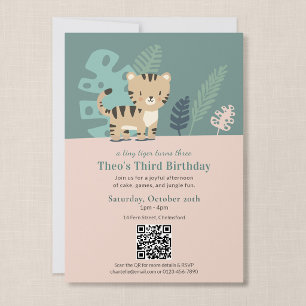 Convite de Aniversário do Safari Tiger Kid com QR