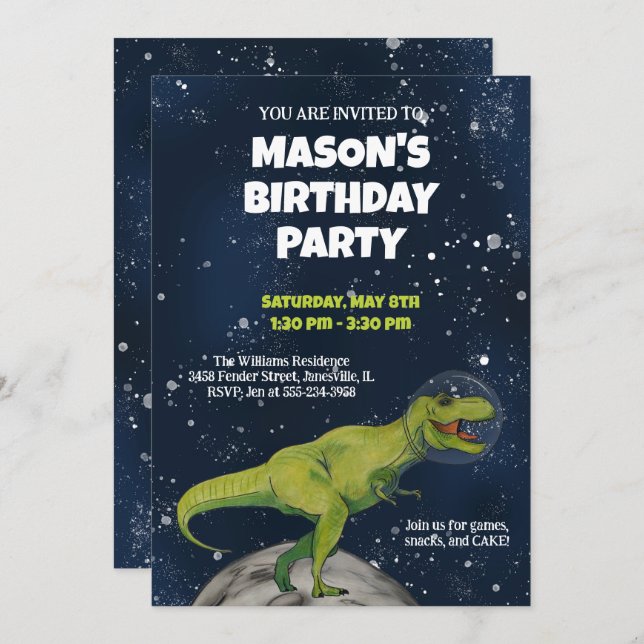 Convite de aniversário do Space Dinossaur T-rex (Frente/Verso)