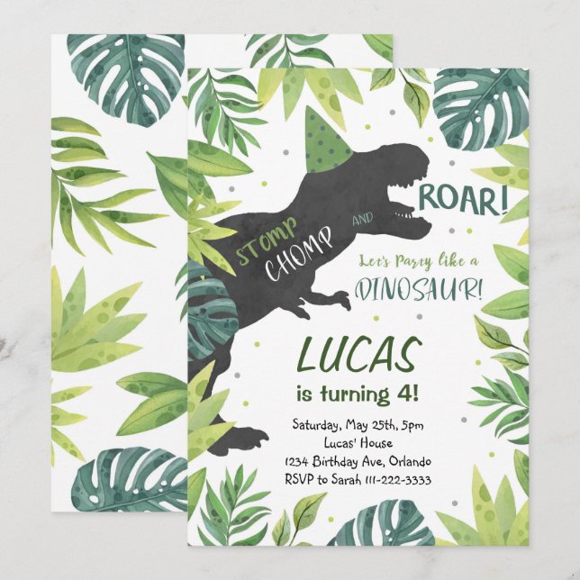 Convite de Aniversário do Stomp Chomp Roar Dinosau (Frente/Verso)