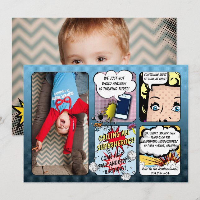 Convite de aniversário do super-herói (Frente/Verso)