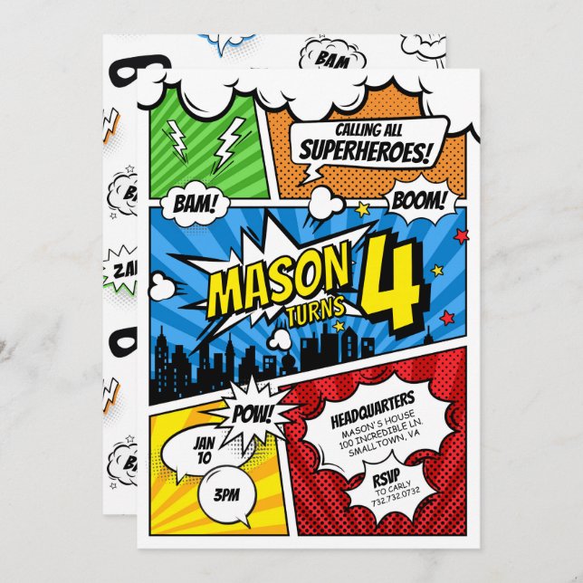 Convite de aniversário do super herói da revista Q (Frente/Verso)