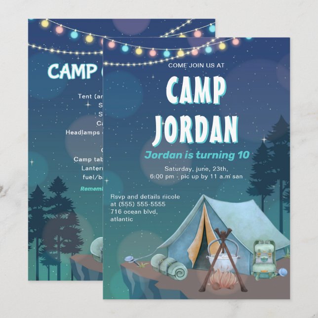 Convite de Aniversário do Tent Bonfire Boy (Frente/Verso)