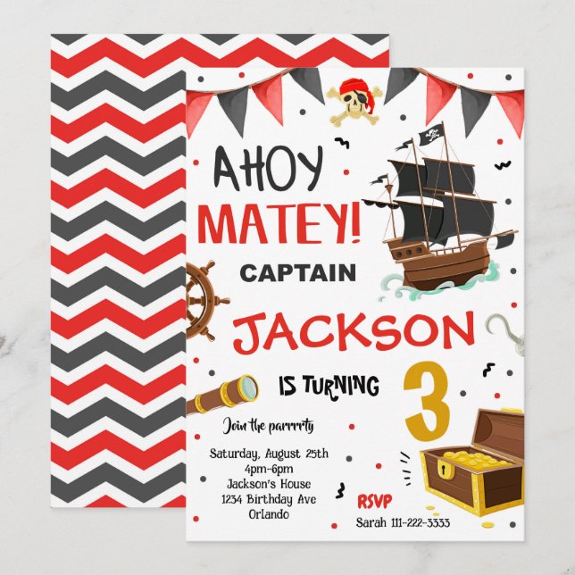 Convite de Aniversário do Tesouro de Navio Pirata (Frente/Verso)